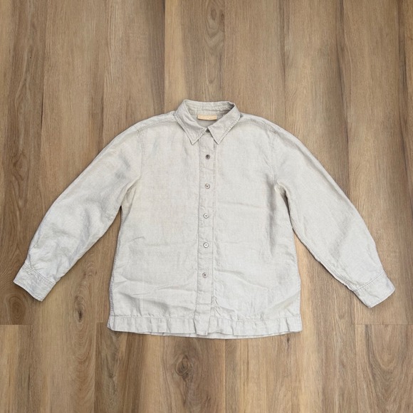 Kate Hill Tops - Linen Button Down Shirt Oatmeal Beige Long Sleeve large coastal preppy